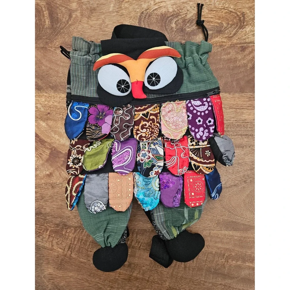 Boho Drawstring Backpack Women Multi-Color Owl Patchwork Zip Pocket Hippie Thai